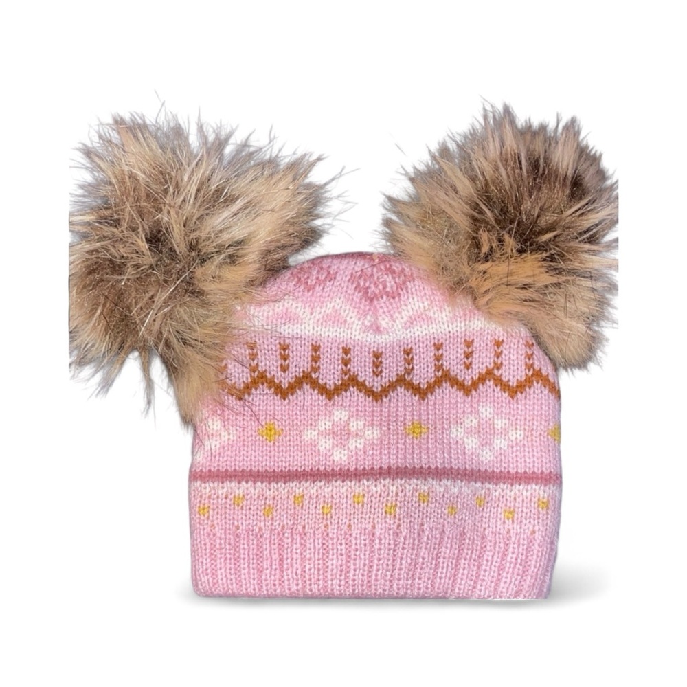 Charming Pink Knit Beanie with Faux Fur Pom-Poms